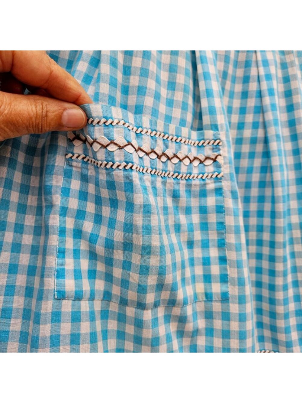 Vintage Handmade Turquoise Gingham Half Apron Hand Embroidery Rickrack Cotton - Picture 15 of 16